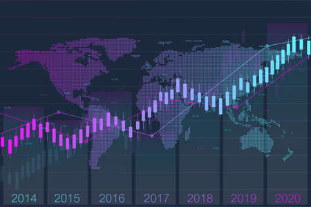 Business candle stick graph chart of stock market investment trading with world map. Stock market and exchange. Stock market data. Trend of graph. Vector illustration for your design.のイラスト素材