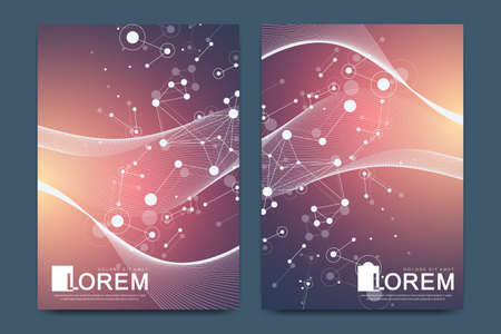 Modern vector template for brochure, Leaflet, flyer, advert, cover, catalog, magazine or annual report. Business, science, medical design. Scientific cybernetic dots. Lines plexus. Card surfaceのイラスト素材