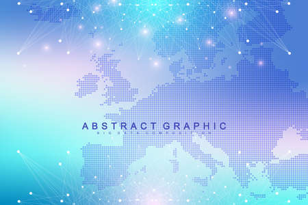 Geometric graphic background communication with Europe Map. Big data complex with compounds. Perspective backdrop. Minimal array. Digital data visualization. Scientific cybernetic vector illustrationのイラスト素材
