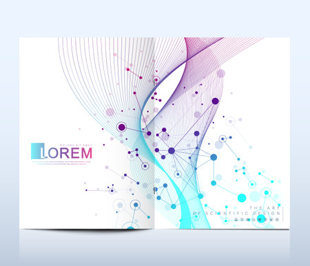 Modern vector template for brochure, leaflet, flyer, cover, catalog in A4 size. DNA helix, DNA strand, molecule or atom, neurons. Abstract structure for Science or medical background.のイラスト素材