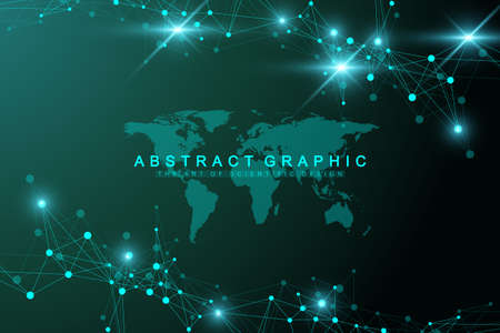 Geometric abstract background with connected line and dots. Graphic background with world map for your design. Vector illustrationのイラスト素材