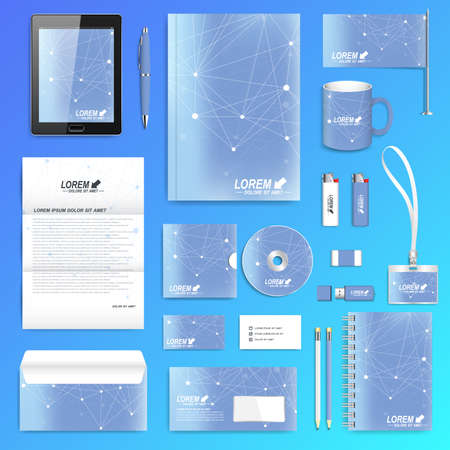 Geometric graphic set of vector corporate identity template. Business stationery mock-up. Scientific cybernetic background molecule and communication. Lines plexus. Minimal array with compounds.のイラスト素材