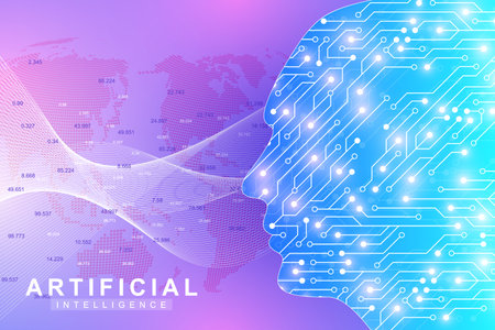Futuristic Artificial Intelligence and Machine Learning Concept. Human Big Data Visualization. Wave Flow Communication, Scientific vector illustrationのイラスト素材