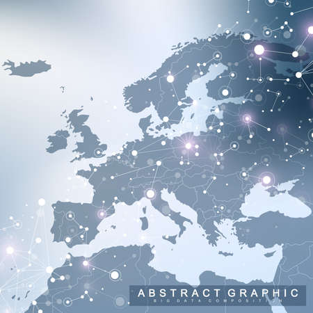 Geometric graphic background communication with Europe Map. Big data complex with compounds. Perspective backdrop. Minimal array. Digital data visualization. Scientific cybernetic vector illustration.のイラスト素材