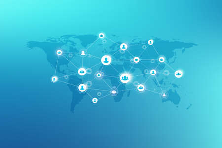 Social media network and marketing concept on World Map background. Global business concept and internet technology, Analytical networks. Vector illustrationのイラスト素材