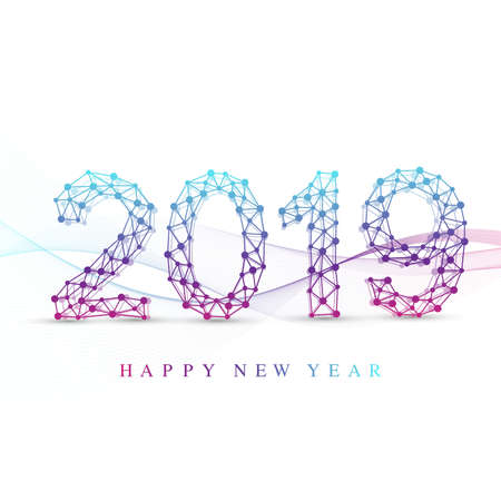 Text design Christmas and Happy new year 2019. Graphic background communication. Connected lines with dots. Design element for presentations, postcards, flyers, leaflets and posters, illustrationのイラスト素材