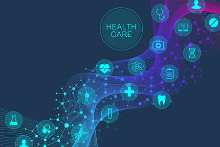 Abstract geometric medicine and science concept background. Healthcare and medical icons pattern with molecule, DNA, wave flow. Medical innovation technology. Pharmacy banner. Vector illustrationのイラスト素材