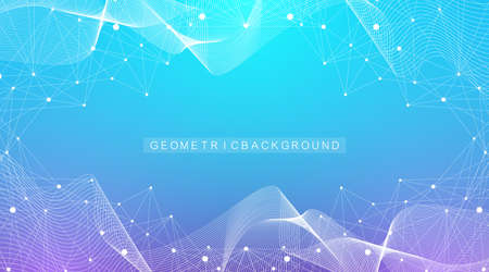 Geometric abstract background with connected line and dots. Network and connection background for your presentation. Graphic polygonal background. Wave flow. Scientific vector illustration.のイラスト素材