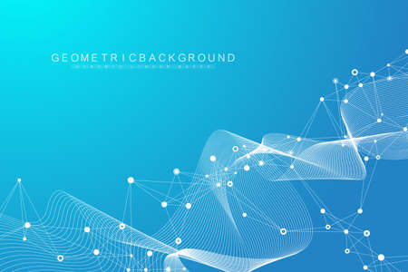 Abstract dynamic motion lines and dots background with colorful particles. Digital streaming background, wave flow. Plexus stream background. Big Data technology, vector illustrationのイラスト素材