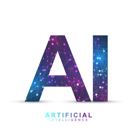 Artificial Intelligence Logo Plexus effect. Artificial Intelligence and Machine Learning Concept. Vector symbol AI. Neural networks and another modern technologies concepts. Technology sci-fi conceptのイラスト素材
