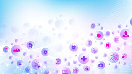 Abstract medical and science healthcare blue banner design template. Health care medicine concept. Medical innovation pharmaceutical tech banner. Wave flow. Vector illustration.のイラスト素材