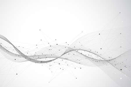 Geometric abstract background with connected line and dots. Network and connection background for your presentation. Graphic polygonal background. Wave flow. Scientific vector illustrationのイラスト素材