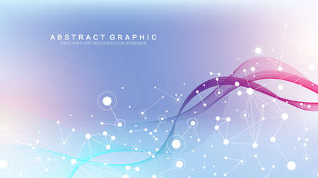 Big Genomic Data Visualization. DNA helix, DNA strand, DNA Test. CRISPR CAS9 - Genetic engineering. Molecule or atom, neurons. Abstract structure for Science or medical background, banner. Wave flowのイラスト素材