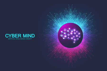 Cyber mind and Artificial Intelligence concept. Neural networks and another modern technologies concept. Brain Analysis. Futuristic cyber humanoid brain. Big Data stream. Technology vector brainのイラスト素材