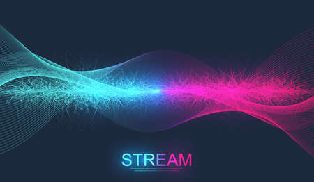 Digital streaming background, wave flow. Plexus stream background. Abstract dynamic motion lines and dots background with colorful particles. Big Data technology. Vector illustration.のイラスト素材