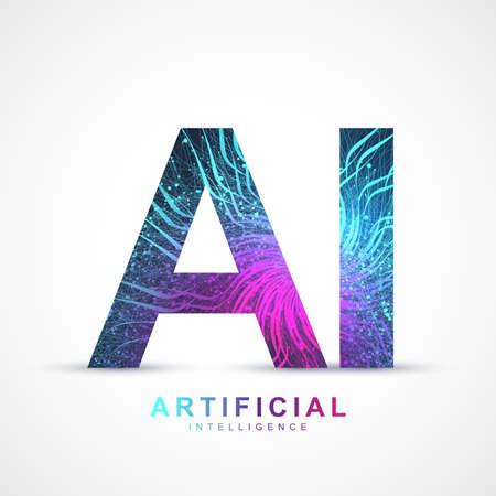 Artificial Intelligence Logo Plexus effect. Artificial Intelligence and Machine Learning Concept. Vector symbol AI. Neural networks and another modern technologies concepts. Technology sci-fi concept.のイラスト素材