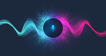 Voice assistant concept. Vector sound wave. Voice and sound recognition equalizer wave flow background. Personal assistant and voice recognition concept gradient vector illustration.のイラスト素材