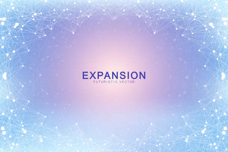 Expansion of life. Colorful explosion background with connected line and dots, wave flow. Visualization Quantum technology. Abstract graphic background explosion, motion burst, vector illustrationのイラスト素材