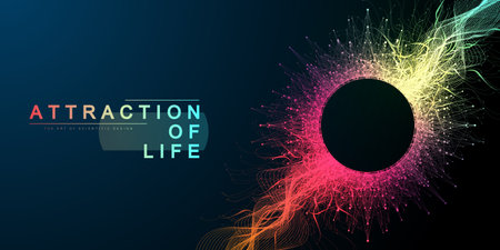 Attraction of life. Colorful abstract small particles and lines under high speed of motion. Circular...