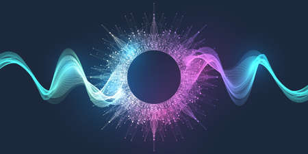 Music wave flow poster design with lines and dots. Sound flyer with abstract gradient line waves. Music abstract background. Vector concept.のイラスト素材