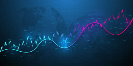 Abstract financial chart with uptrend line graph and world map on black and white color background. Business Candle stick graph chart of stock market investment trading. Vector illustration.のイラスト素材