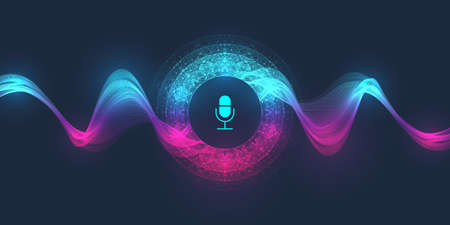 Voice assistant concept. Vector sound wave. Voice and sound recognition equalizer wave flow background. Personal assistant and voice recognition. Abstract amplitude of sound. Vector Illustrationのイラスト素材