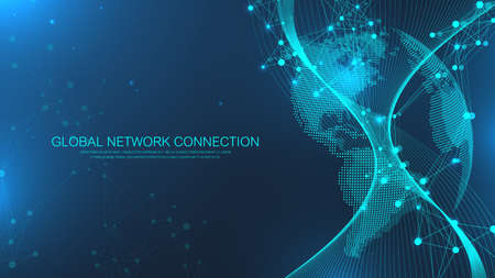 Global communication network concept. Social network communication in the global business. Big data visualization. Internet technology. Vector illustration.のイラスト素材