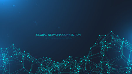 Global network connection banner design template. Header social network communication in the global business concept. Big data visualization. Internet technology.のイラスト素材