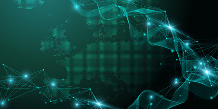 Global network connection banner design template. Header social network communication in the global business concept. Big data visualization. Internet technology.のイラスト素材