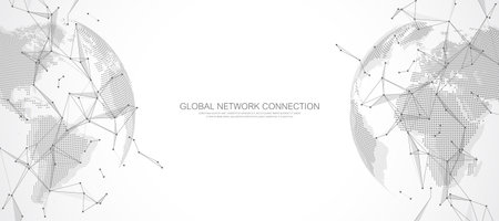 Global network connection banner design template. Header social network communication in the global business concept. Big data visualization. Internet technologyのイラスト素材