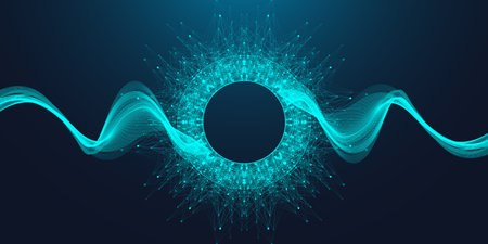 Scientific illustration quantum computer technology. Plexus fiction effect. Deep learning artificial intelligence. Big data algorithms visualization. Quantum explosion background.の写真素材