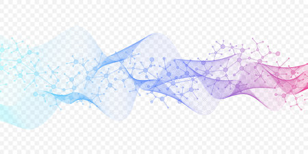 Colorful molecules background with DNA helix, DNA strand, DNA Test. Molecule or atom, neurons. Abstract structure for science, healthcare or medical background, banner. Scientific vector illustrationのイラスト素材