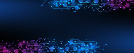 Digital tech motherboard texture design. Creative idea banner concept for internet technology. Software coding. Engineering concept for poster, cover, banner, header, web, presentation templateの写真素材