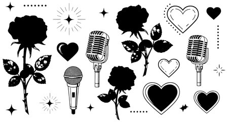 Set of black silhouettes of microphones, hearts, roses. Vector illustrationのイラスト素材