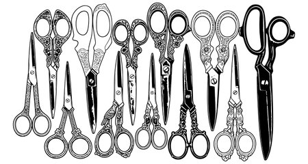 Set of vintage scissors. Hand drawn vector illustration. Black and white.