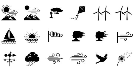Wind energy icons set. Windmill, wind turbine, wind generator, windmill, windmill, windmill, sun and other wind energy symbols.のイラスト素材