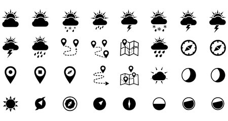 Set of weather icons. Vector illustration. Black on white background.のイラスト素材