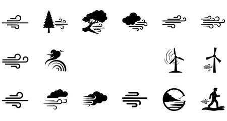 Wind energy icons set. Wind generator, windmill, wind turbine, cloud, windmill, tree, wind. Vector illustrationのイラスト素材