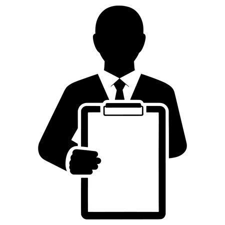 Businessman with clipboard vector icon. Flat black symbol on white background.のイラスト素材