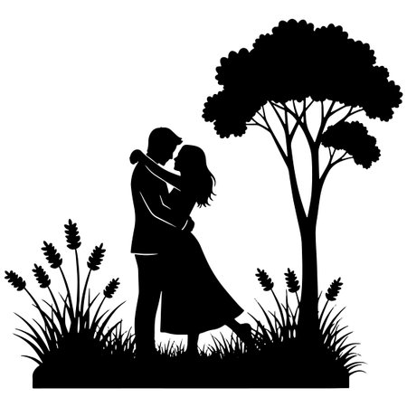 Silhouette of a loving couple in the garden. Vector illustrationのイラスト素材