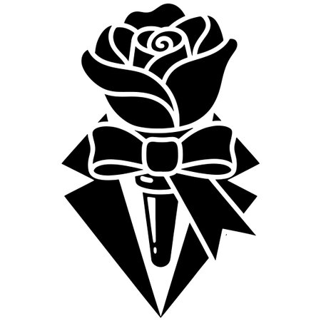 Black and white vector illustration of a bow tie and a rose.のイラスト素材