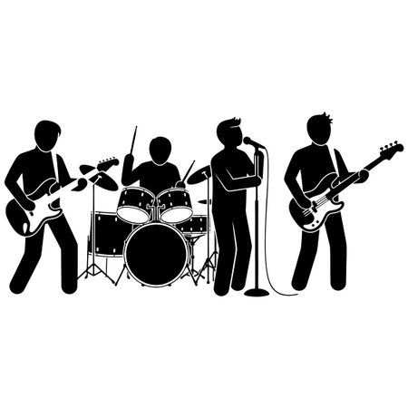 Rock band with musical instruments. Black and white vector illustration isolated on white backgroundのイラスト素材