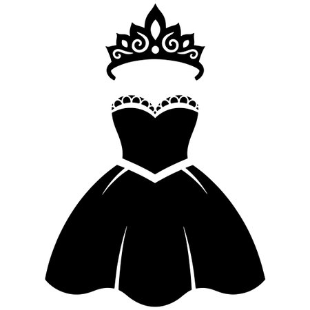 Black silhouette of a beautiful dress with a crown on a white backgroundのイラスト素材