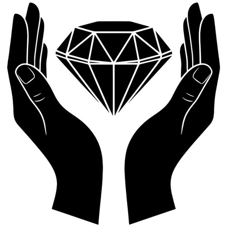 Black and white illustration of hands holding a diamond. Diamond symbol.のイラスト素材