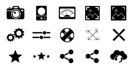 Black icons on a white background including cameras gears stars and other graphic design elements...