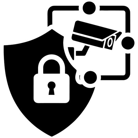 A black shield with a white padlock and a black and white surveillance camera surrounded by a dotted...