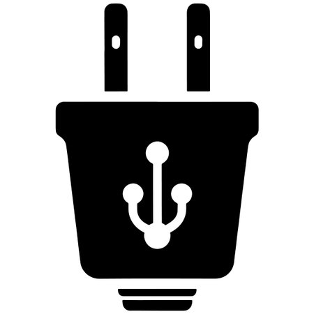 A simple black electrical plug with a white usb symbol on the front