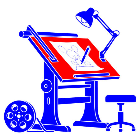 Blue drafting table with red top drawing paper pencil and lamp on white background isolated