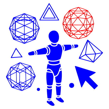 A blue human figure stands with arms outstretched surrounded by geometric shapes and 3D models on white backgroundのイラスト素材