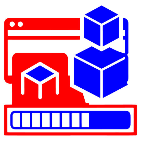 A red and blue graphic depicting icons for loading and uploading digital files and data transfer